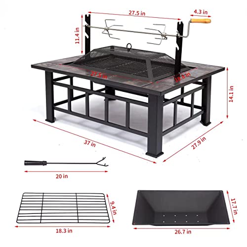 KOIECETA 37 Inch Multifunctional Fire Pits for Outside,Marble Tile Square Tabletop firepit,Backyard Garden Fireplace for Outdoor Heating, Camping,Campfires and BBQ…