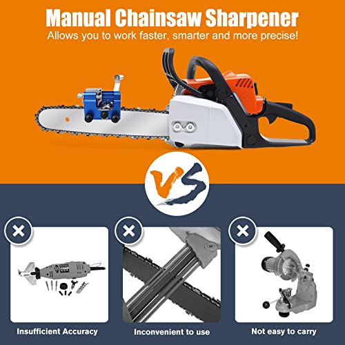 Dawitrly Chainsaw Sharpener Kit, Portable Aluminum Alloy Chain Saw Blade Sharpening Jig Tool with Hand Crank and 3Pcs Grinding Heads Suitable for Electric Saws Lumberjack, Garden Worker Blue