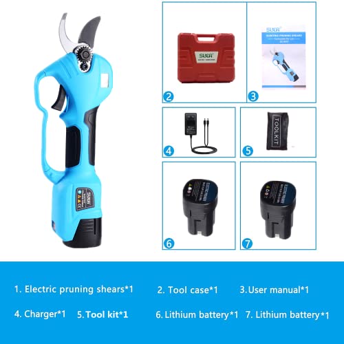 SUCA electric pruning shears Cordless tree pruner branch cutter pruners for gardening with 2pcs 2Ah Lithium Battery Powered 4-7 Working Hours Tree Branch Pruner LCD Display Screen （blue 1.1 inch）