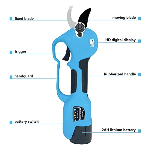 SUCA electric pruning shears Cordless tree pruner branch cutter pruners for gardening with 2pcs 2Ah Lithium Battery Powered 4-7 Working Hours Tree Branch Pruner LCD Display Screen （blue 1.1 inch）