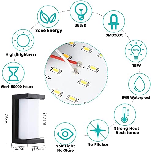 LOVEZOE LED Wall Light, IP65 Waterproof 18W Cold White 6000K Aluminum Rectangle Outdoor Wall Lamp Outdoor Lamp for Garden Front Bathroom Porch Garage