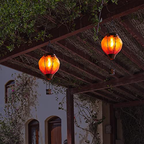 Hot Air Balloon Solar Lantern with Flickering Flame Hanging Solar Lights Outdoor Waterproof Lanterns for Garden Patio Yard Party Decoration