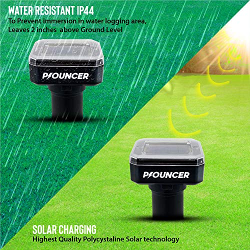 P-OUNCER Solar Mole Repellent (4 Pack): Ultrasonic Pest Repeller for Rats, Mice, Voles and Gophers, Waterproof Solar Powered Stakes for Garden and Yard, Outdoor Snake Deterrent, Humane Pest Control