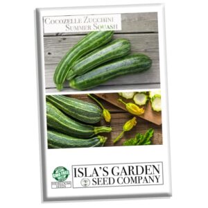“cocozelle zucchini” summer squash seeds for planting, 50+ heirloom seeds per packet, (isla’s garden seeds), non gmo seeds, botanical name: cucurbita pepo, good home garden gift