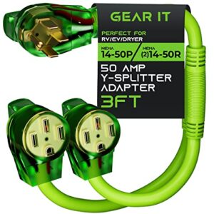 gearit 50 amp y splitter adapter cord for rv and ev, 4-prong 250-volt, nema 14-50p to x2 nema 14-50r, 6/3, 8/1 stw awg gauge for outdoor power cord – auto/rv/ev/tesla model 3/s/x/y – 3.2 feet