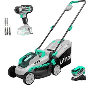 Litheli Cordless Lawn Mower 13 Inch & Impact Driver, 5 Heights, 20V Electric Lawn Mowers for Garden, Yard and Farm, with Brushless Motor, 4.0Ah Battery & Charger Included