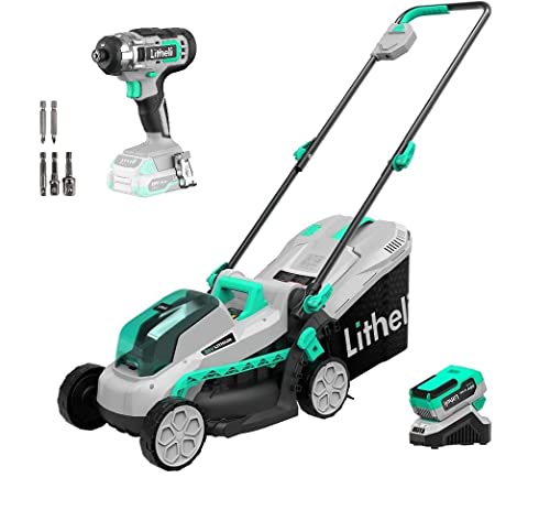 Litheli Cordless Lawn Mower 13 Inch & Impact Driver, 5 Heights, 20V Electric Lawn Mowers for Garden, Yard and Farm, with Brushless Motor, 4.0Ah Battery & Charger Included