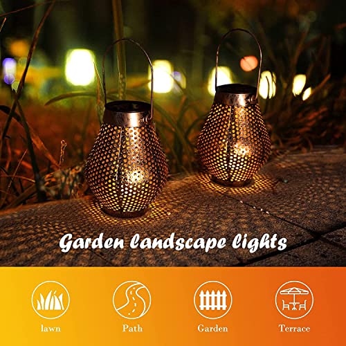 Afirst Hanging Solar Lanterns Solar Lights Outdoor Waterproof Solar Powered LED Tabletop Lantern for Garden Yard Tree Fence Patio, Brown,2 Pack