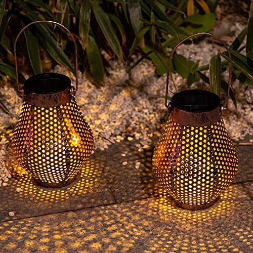 Afirst Hanging Solar Lanterns Solar Lights Outdoor Waterproof Solar Powered LED Tabletop Lantern for Garden Yard Tree Fence Patio, Brown,2 Pack