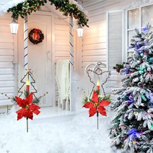 Artiflr 2 Pack Outdoor Christmas Solar Stake Lights, LED Solar Powered Candle Angel Christmas Tree Ligth with Artificial Poinsettia Gold Berry and Pine Needles Decorative Lawn Yard Garden Stake