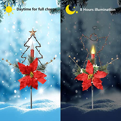 Artiflr 2 Pack Outdoor Christmas Solar Stake Lights, LED Solar Powered Candle Angel Christmas Tree Ligth with Artificial Poinsettia Gold Berry and Pine Needles Decorative Lawn Yard Garden Stake