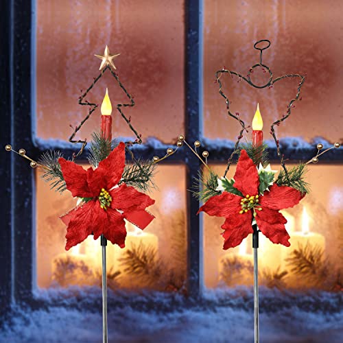 Artiflr 2 Pack Outdoor Christmas Solar Stake Lights, LED Solar Powered Candle Angel Christmas Tree Ligth with Artificial Poinsettia Gold Berry and Pine Needles Decorative Lawn Yard Garden Stake