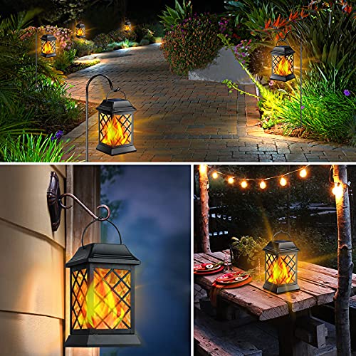 TomCare Solar Lights Outdoor Flickering Flame Metal Solar Lantern Outdoor Hanging Decorative Lanterns Heavy Duty Waterproof Umbrella Decorations Lighting for Patio Garden Deck Yard, 2 Pack (Black)