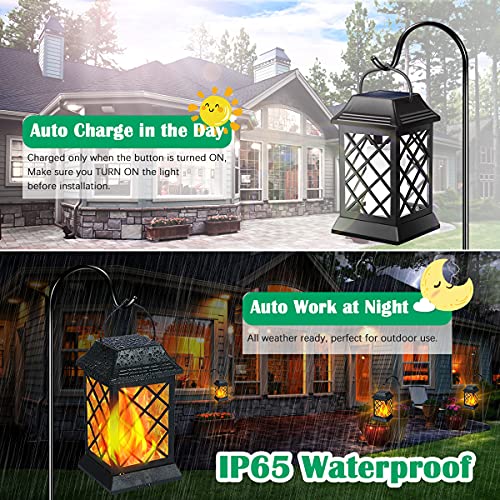 TomCare Solar Lights Outdoor Flickering Flame Metal Solar Lantern Outdoor Hanging Decorative Lanterns Heavy Duty Waterproof Umbrella Decorations Lighting for Patio Garden Deck Yard, 2 Pack (Black)