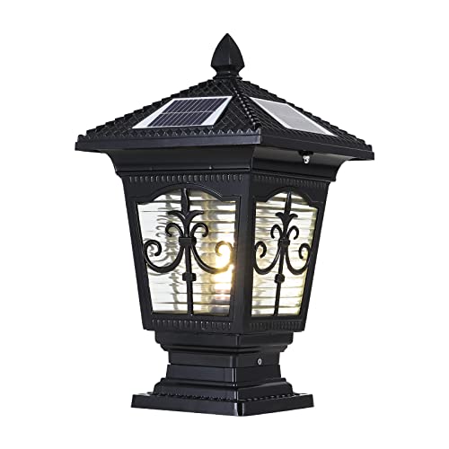 PTOUG LED Solar Post Cap Lamp, IP65 Waterproof Post Light Outdoor Remote Control Dimmable Pillar Lights Aluminum Outdoor Column Light, 17.3" X 9.8" Pillar Pedestal Lantern for Garden Fence