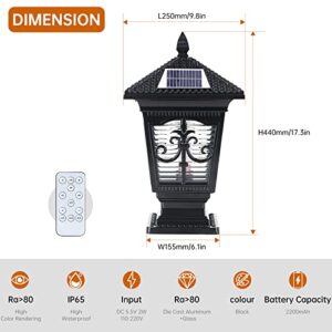 PTOUG LED Solar Post Cap Lamp, IP65 Waterproof Post Light Outdoor Remote Control Dimmable Pillar Lights Aluminum Outdoor Column Light, 17.3" X 9.8" Pillar Pedestal Lantern for Garden Fence