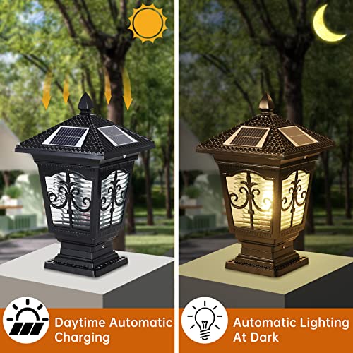 PTOUG LED Solar Post Cap Lamp, IP65 Waterproof Post Light Outdoor Remote Control Dimmable Pillar Lights Aluminum Outdoor Column Light, 17.3" X 9.8" Pillar Pedestal Lantern for Garden Fence