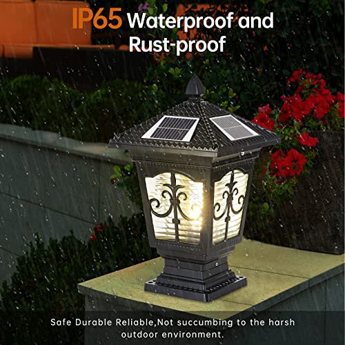 PTOUG LED Solar Post Cap Lamp, IP65 Waterproof Post Light Outdoor Remote Control Dimmable Pillar Lights Aluminum Outdoor Column Light, 17.3" X 9.8" Pillar Pedestal Lantern for Garden Fence