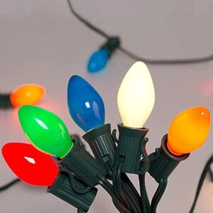 c7 led christmas multicolor lights 25ft outdoor christmas string lights with 27 ceramic multicolor led bulbs, hanging vintage christmas lights for outdoor xmas patio wedding party garden decor, green