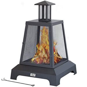 chimenea fireplace outdoor fireplace fire pit wood burning fire pit patio square iron fire pit 27.5″ large fire pits fire poker mesh spark screen chimney charcoal grid for garden, backyard