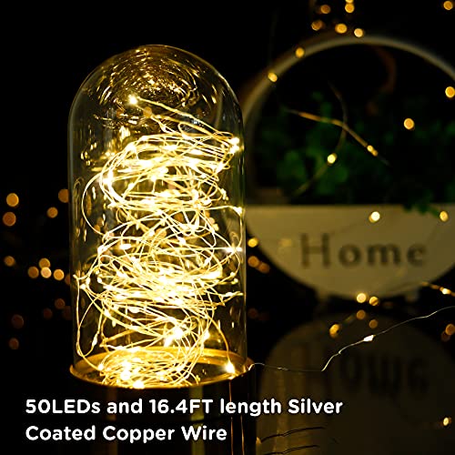 2 Packs Fairy Lights Battery Operated, 16.5 FT 50 LEDs Christmas String Lights Remote Control Timer Twinkle String Lights 8 Modes Silver Wire Firefly Lights for Garden Party Indoor Decor-Warm White