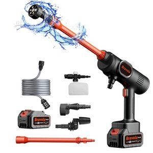 cordless pressure washer, bravolu portable pressure washer, max 490 psi portable power cleaner with accessories kit, 4.0ah battery pressure washer with 6-in-1 nozzle, ideal for cars boats home garden