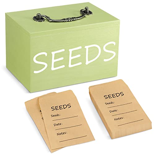 Seed Storage Box Organizer with 20 Pcs Resealable Self Stick Paper Seed Envelopes Wooden Compact Seed Packet Container with Lid Green Seed Storage Organizer Box Seed Packet Organizer