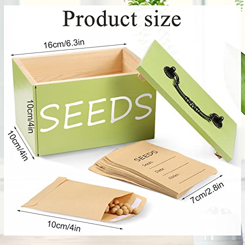 Seed Storage Box Organizer with 20 Pcs Resealable Self Stick Paper Seed Envelopes Wooden Compact Seed Packet Container with Lid Green Seed Storage Organizer Box Seed Packet Organizer