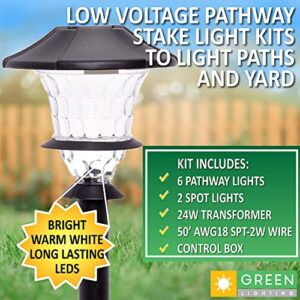 GreenLighting Low Voltage Landscape Lights, (8 Pack- 6 Stake Lights, 2 Flood Spotlights, & Transformer) LED, Landscaping Lighting, Yard Lights, Pathway, Outdoor Walkways & Path, Garden, Deck, Black