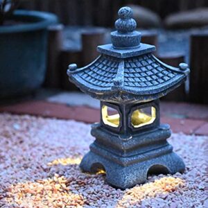 gardenfans solar led pagoda lantern garden statue light outdoor zen garden japanese lantern for landscape balcony patio porch yard art decor 6.7″h gray stone finish