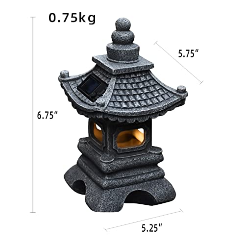 Gardenfans Solar LED Pagoda Lantern Garden Statue Light Outdoor Zen Garden Japanese Lantern for Landscape Balcony Patio Porch Yard Art Decor 6.7"H Gray Stone Finish