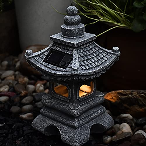 Gardenfans Solar LED Pagoda Lantern Garden Statue Light Outdoor Zen Garden Japanese Lantern for Landscape Balcony Patio Porch Yard Art Decor 6.7"H Gray Stone Finish