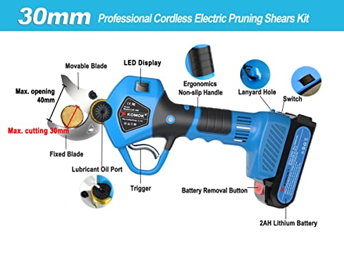 KOMOK Electric Pruning Shears with LED Display, Professional Cordless Electric Pruner, Battery Operated Pruners with 2 Lithium Batteries, 1.2" Cutting Diameter, 6-8 Working Hours for Efficient Pruning