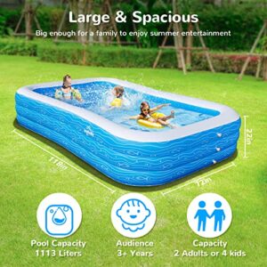 Ingbelle Kiddie Swimming Pool, Family Inflatable Pool, 118" X 72" X 22" Full-Sized Above Ground Pools for Kids & Adults, Summer Water Party, Volleyball Game, Garden, Backyard, Blue