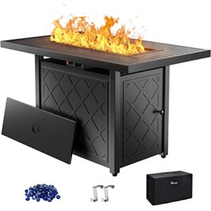 yitahome 43 inch propane fire pit table, 50,000 btu gas fire pit with ignition systems, iron tabletop, lava rock, lid, rectangular outdoor firetable for patio deck garden backyard (black)