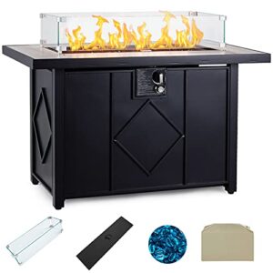 avawing propane fire pit, 42 inch 50,000 btu gas fire pit table with glass wind guard, table lid, fire glass, waterproof cover, outdoor gas fire pit for garden, patio, backyard, black