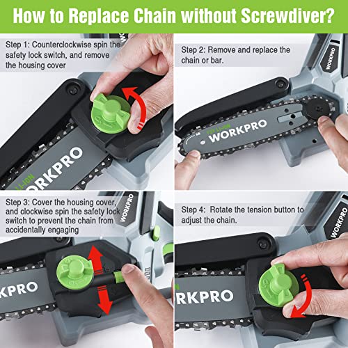 WORKPRO Mini Chainsaw, 6.3“ Cordless Electric Compact Chain Saw with 2 Batteries, One-Hand Operated Portable Wood Saw with Replacement Guide Bar and Chain for Garden Tree Branch Pruning, Wood Cutting
