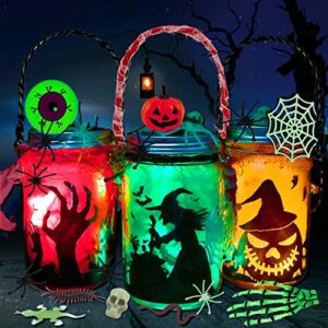 4 pcs halloween diy lantern jar craft kit decor supplies gift, flickering flameless candles(red, orange, green) and accessories(eyeball, spider, finger), indoor outdoor garden diy decor art project