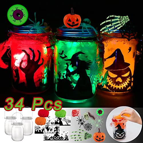 4 pcs Halloween DIY Lantern Jar Craft Kit Decor Supplies Gift, Flickering Flameless Candles(Red, Orange, Green) and Accessories(Eyeball, Spider, finger), Indoor Outdoor Garden DIY Decor Art Project