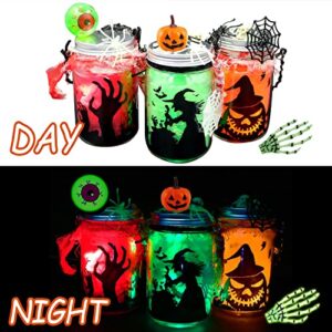 4 pcs Halloween DIY Lantern Jar Craft Kit Decor Supplies Gift, Flickering Flameless Candles(Red, Orange, Green) and Accessories(Eyeball, Spider, finger), Indoor Outdoor Garden DIY Decor Art Project