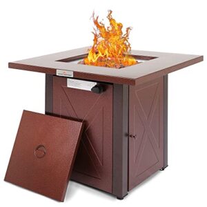 anyhnybz 28” propane fire pit table, outdoor gas fire pit table, 50000 btu 28 inch square fire table with lid & lava rock, brown texture – for outside patio yard party garden and lawn