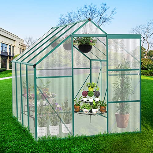 Outdoor Patio Greenhouse, Adjustable Roof Vent and Rain Gutter for Plants,Walk-in Polycarbonate Greenhouse, Garden Greenhouse for Flowers in Winter, Garden, Backyard,Silver-6 x 8 FT