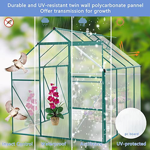 Outdoor Patio Greenhouse, Adjustable Roof Vent and Rain Gutter for Plants,Walk-in Polycarbonate Greenhouse, Garden Greenhouse for Flowers in Winter, Garden, Backyard,Silver-6 x 8 FT