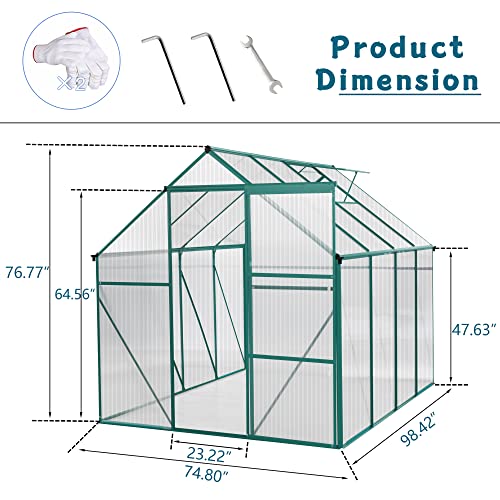 Outdoor Patio Greenhouse, Adjustable Roof Vent and Rain Gutter for Plants,Walk-in Polycarbonate Greenhouse, Garden Greenhouse for Flowers in Winter, Garden, Backyard,Silver-6 x 8 FT