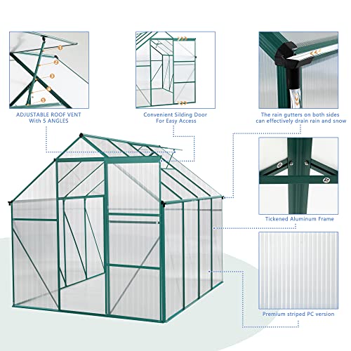 Outdoor Patio Greenhouse, Adjustable Roof Vent and Rain Gutter for Plants,Walk-in Polycarbonate Greenhouse, Garden Greenhouse for Flowers in Winter, Garden, Backyard,Silver-6 x 8 FT