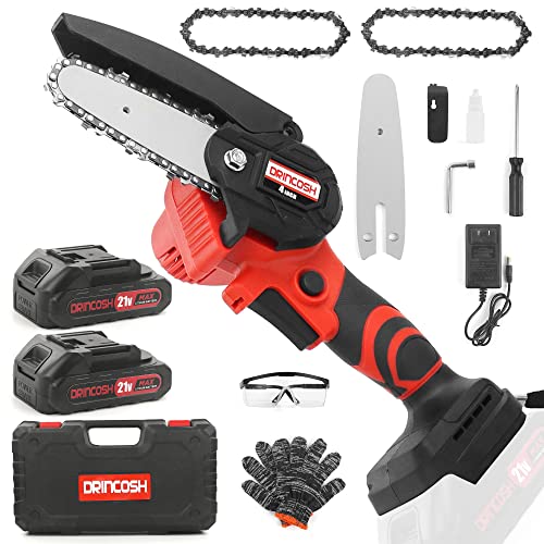 DRINCOSH Mini Chainsaw,4 Inch Portable Handheld Electric Chainsaw,Cordless Chain Saw Pruning Shears Chainsaw for Tree Branches,Courtyard,Household and Garden with 2 BATTERY