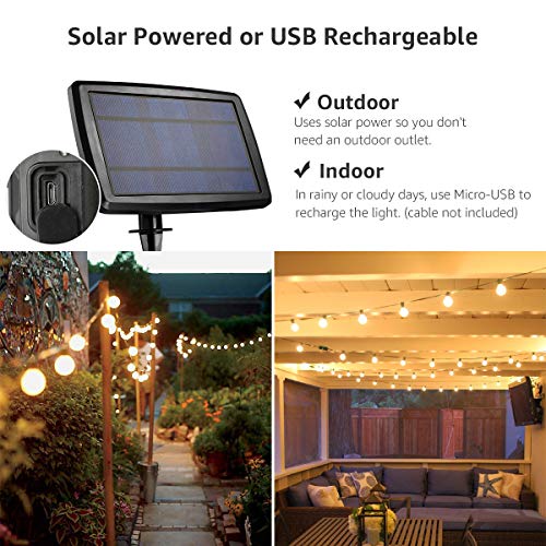 Lepro Solar Outdoor String Lights Patio Bistro Lights, 25ft 26 LED G40 Bulbs, USB Rechargeable Portable Edison Café String Lights for Porch, Pergola, Backyard, Garden, Pool, Party, Camping, 3600mAh