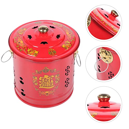 Stainless Steel Burn Barrel Metal Incinerator Cage Fire Pit Feng Shui Garden Backyard Debris Bin for Chinese New Year Paper Leaf Trash Buddhist Ritual Supplies, Red, ACR6219PAU1750WHOH16NI, 33x28cm