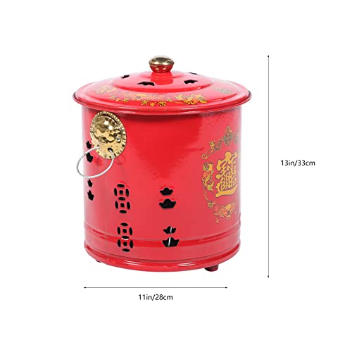 Stainless Steel Burn Barrel Metal Incinerator Cage Fire Pit Feng Shui Garden Backyard Debris Bin for Chinese New Year Paper Leaf Trash Buddhist Ritual Supplies, Red, ACR6219PAU1750WHOH16NI, 33x28cm