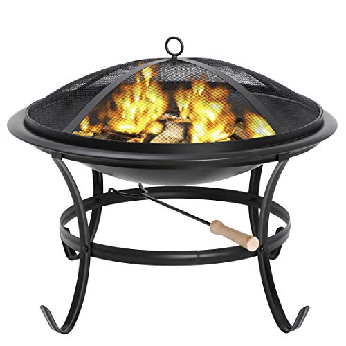 F2C 22" Fire Pit Outdoor Wood Burning BBQ Grill Steel Firepit with Mesh Spark Screen Cover Lid Log Grate Fire Poker for Patio Backyard Garden Camping Traveling Picnic Bonfire